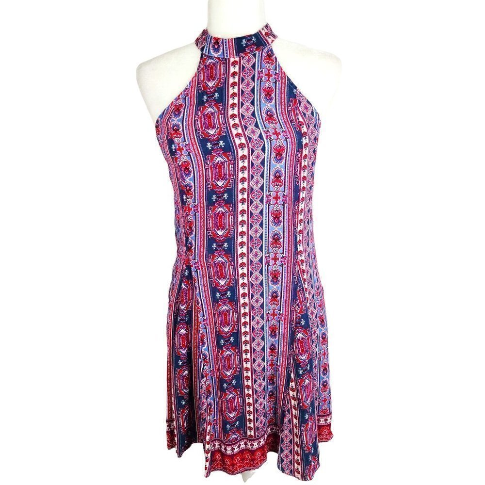 AQUA Red Blue Y2K Bandana Halter High Neck Open Back Mini Dress